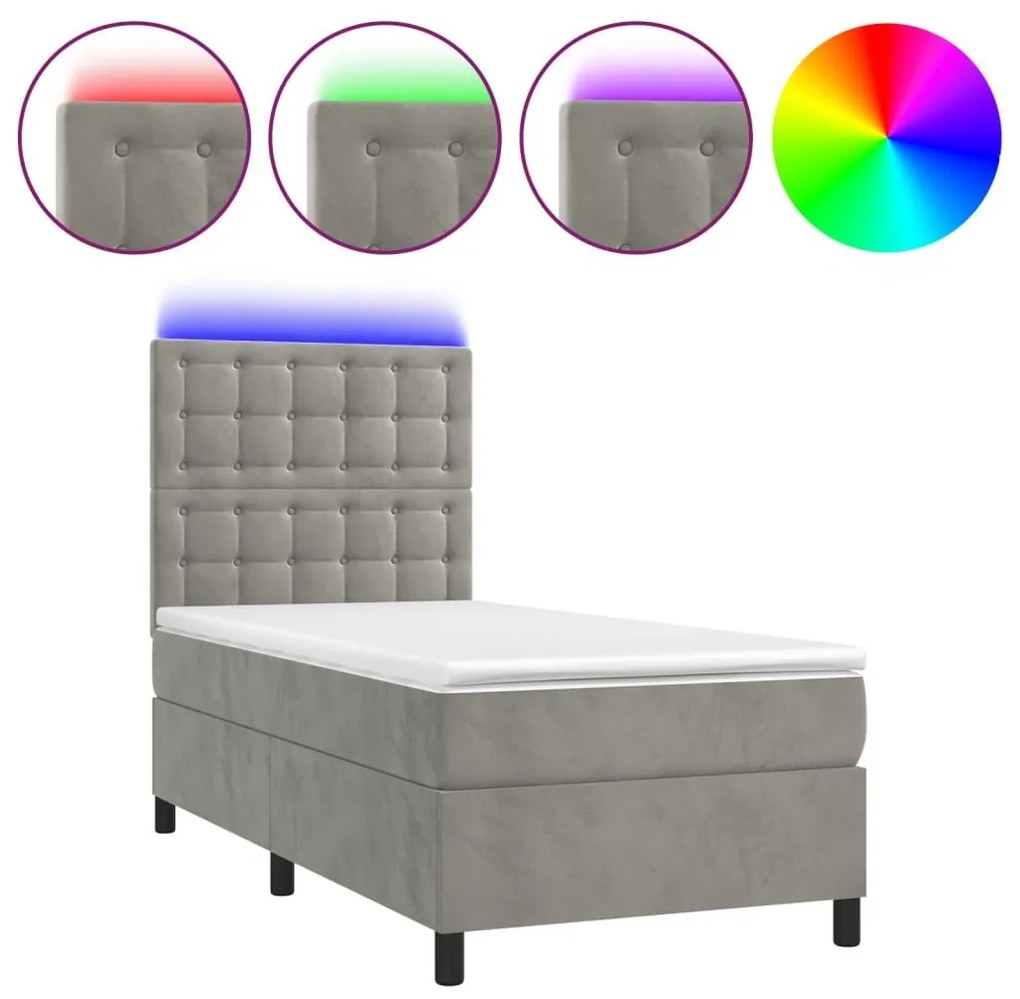 Κρεβάτι Boxspring με Στρώμα &amp; LED Αν.Γκρι 100x200 εκ. Βελούδινο - Γκρι