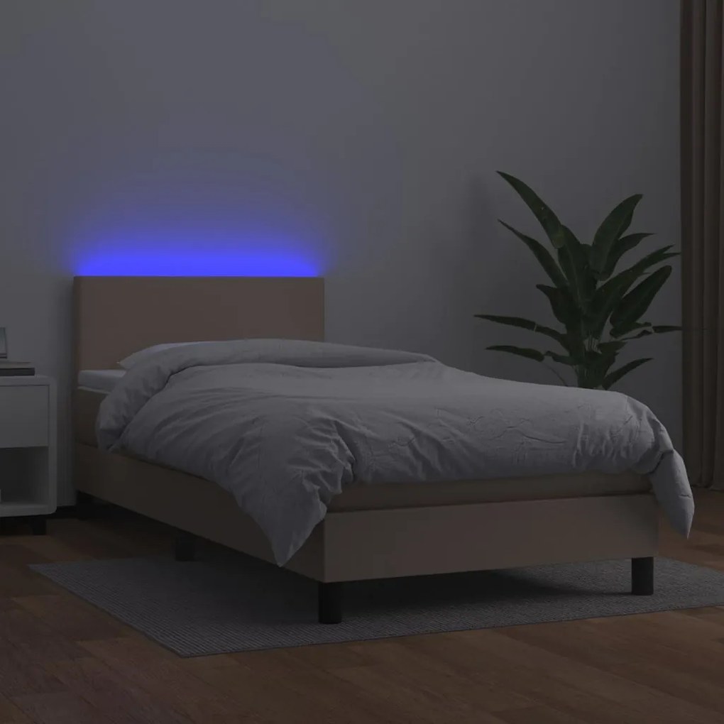 vidaXL Κρεβάτι Boxspring Στρώμα&LED Καπουτσίνο 90x200 εκ. Συνθ. Δέρμα