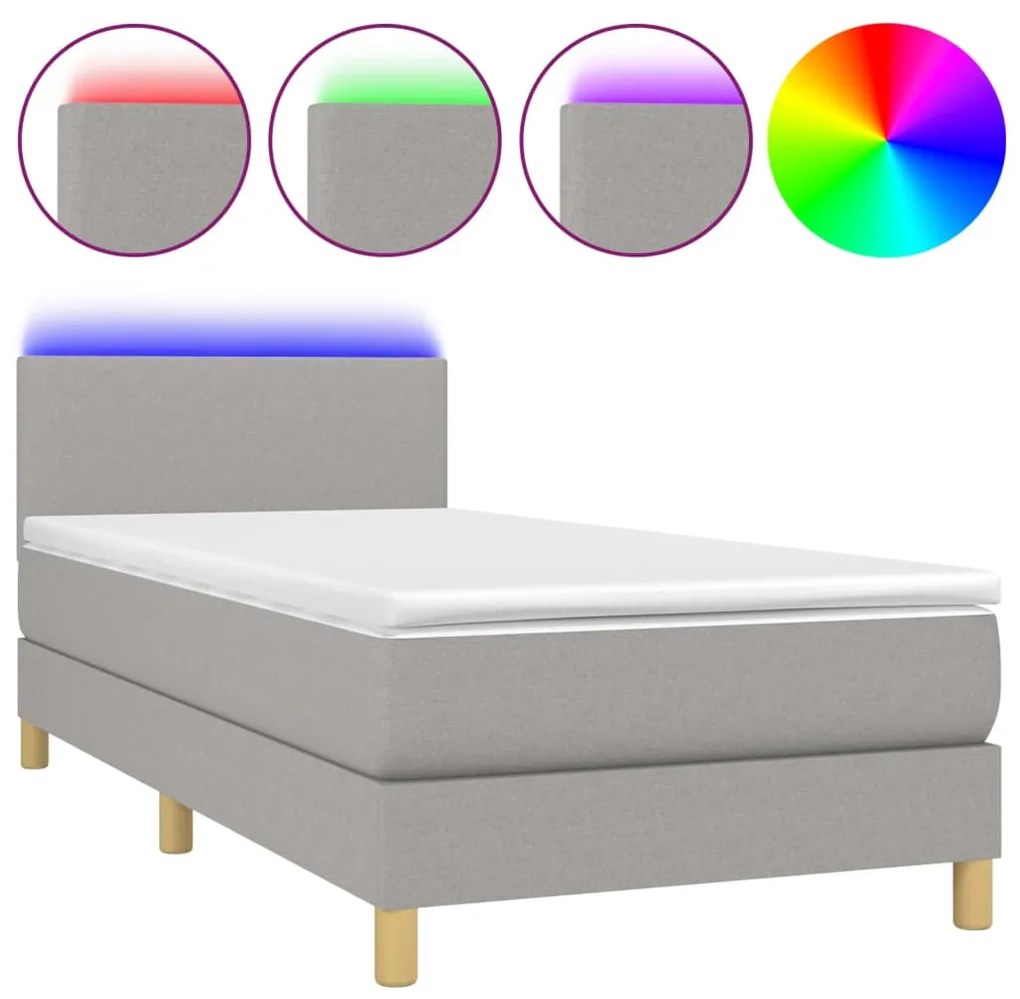 vidaXL Κρεβάτι Boxspring με Στρώμα & LED Αν.Γκρι 90x190 εκ. Υφασμάτινο