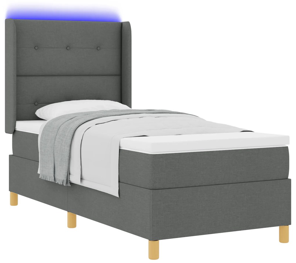 vidaXL Κρεβάτι Box Spring με Στρώμα & LED Σκούρο Γκρι 90x200 cm Υφασμάτινο