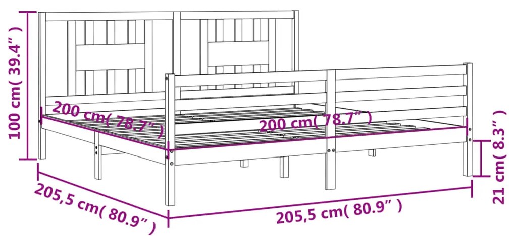 Πλαίσιο Κρεβατιού με Κεφαλάρι 200 x 200 εκ. από Μασίφ Ξύλο - Καφέ