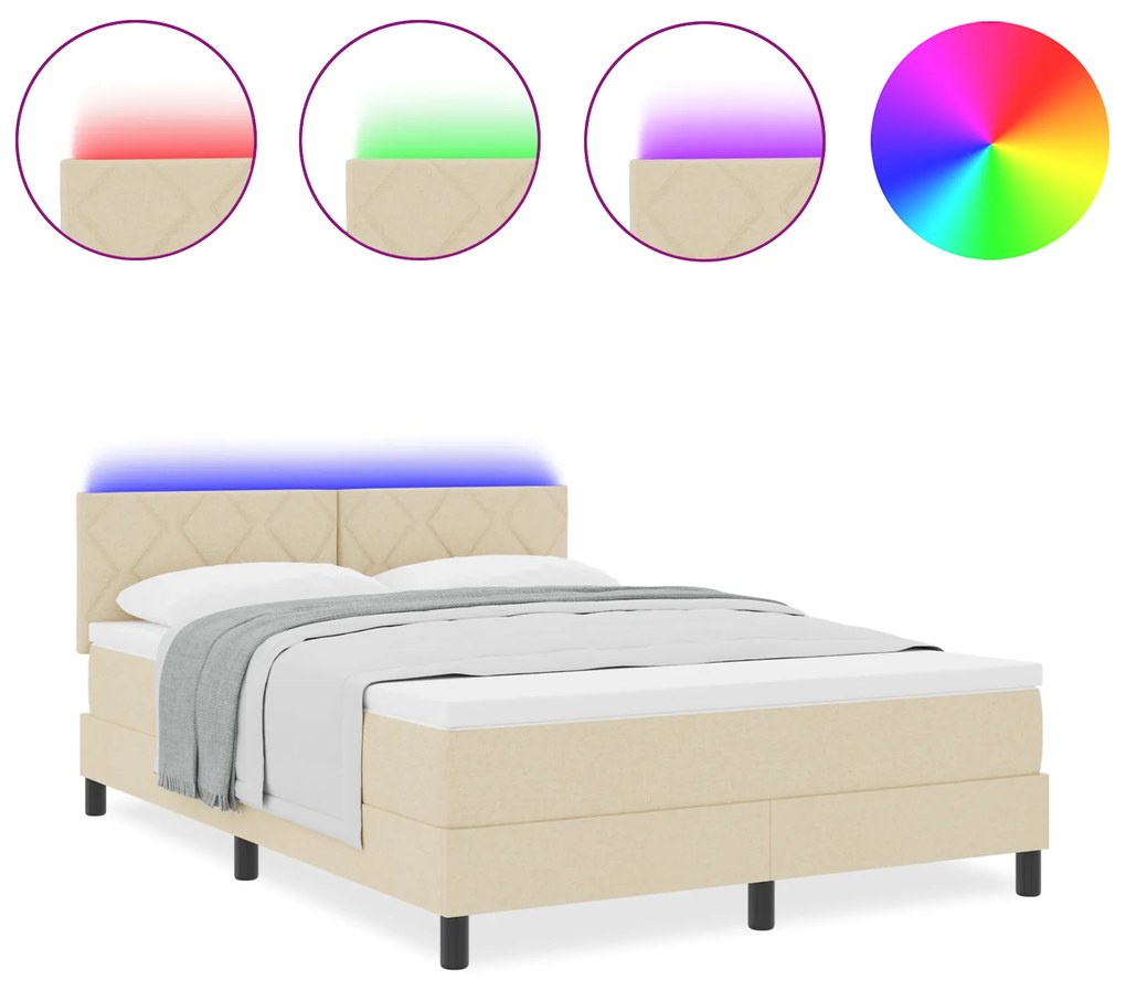 vidaXL Κρεβάτι Με Ελατήρια & Στρώμα LED Κρέμ 140x200 εκ. Ύφασμα