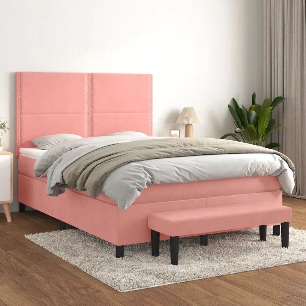 vidaXL Κρεβάτι Boxspring με Στρώμα Ροζ 140x190 εκ. Βελούδινο