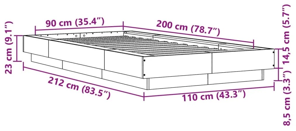 Πλαίσιο Κρεβατιού Γκρι Σκυροδέματος 90x200 εκ. Επεξεργ. Ξύλο - Γκρι