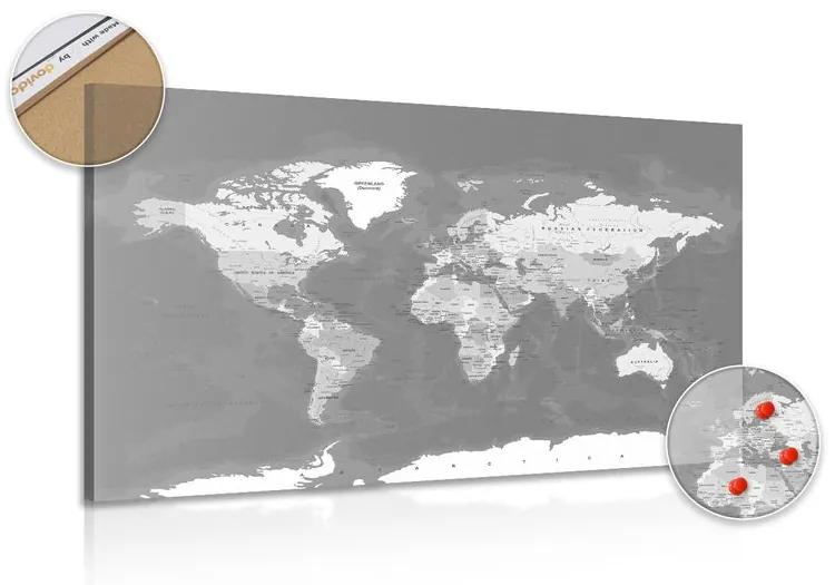 Εικόνα στο φελλό με κομψό vintage ασπρόμαυρο παγκόσμιο χάρτη - 120x80  arrow