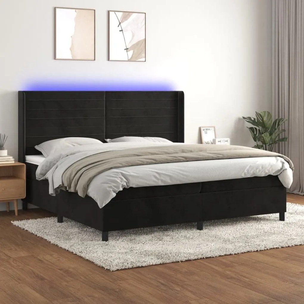 Κρεβάτι Boxspring με Στρώμα &amp; LED Μαύρο 200x200 εκ. Βελούδινο - Μαύρο