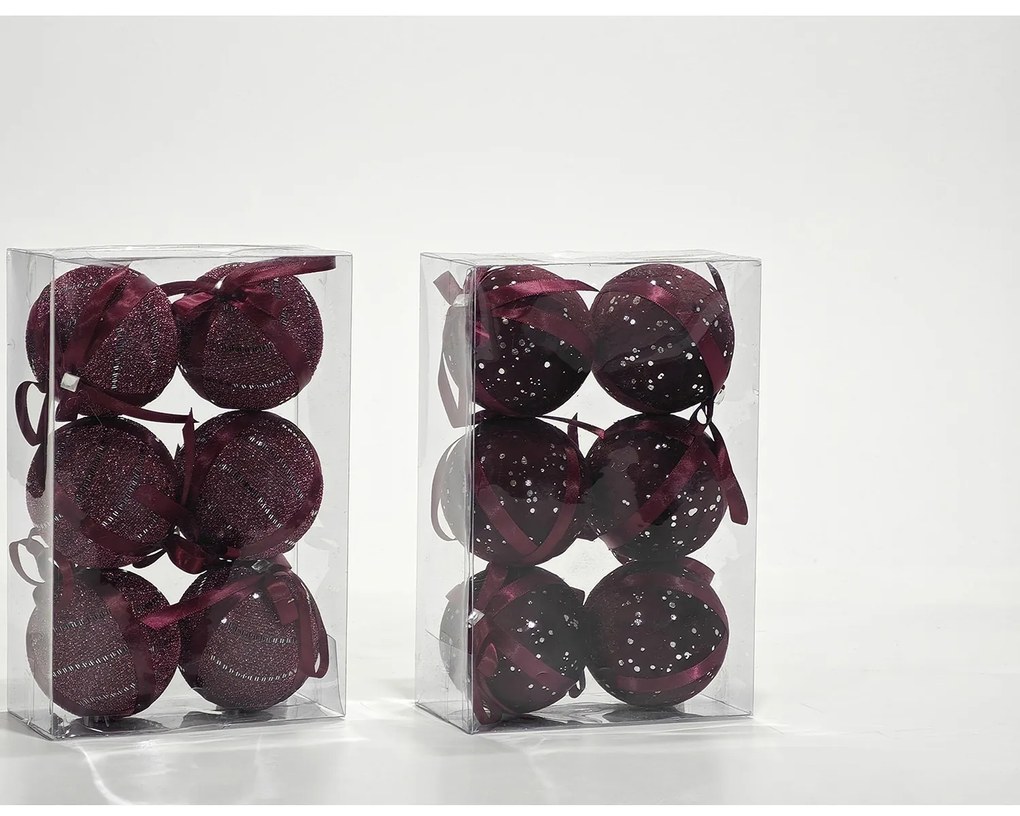 Χριστουγεννιάτικες Μπάλες Μπορντό 80mm Σετ 6Τμχ Σε 2 Σχέδια