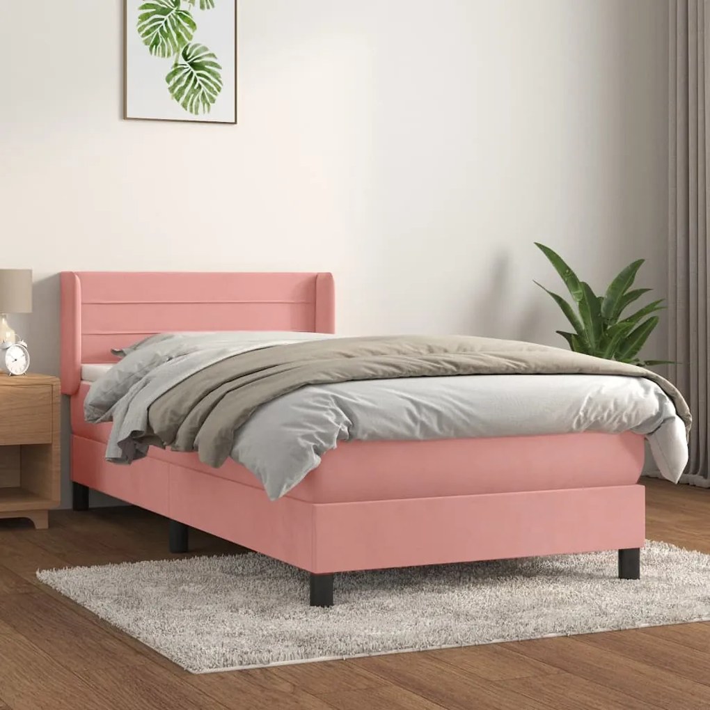 Κρεβάτι Boxspring με Στρώμα Ροζ 90x200 εκ. Βελούδινο