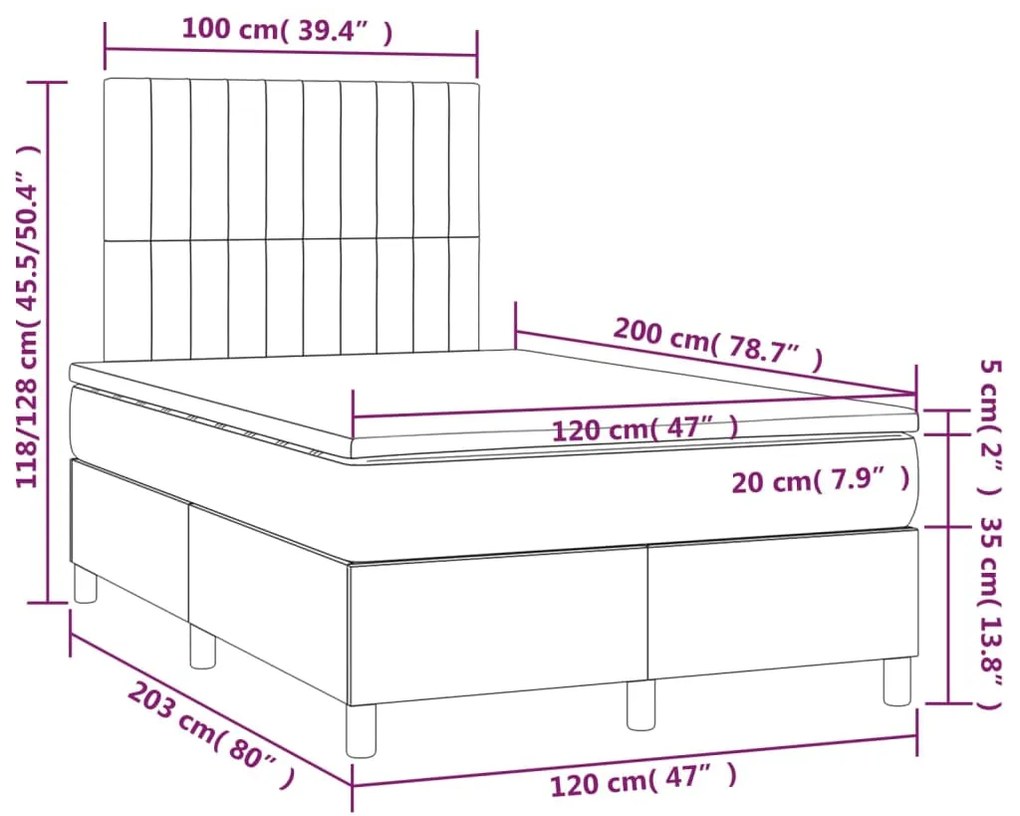 Κρεβάτι Boxspring με Στρώμα &amp; LED Σκ.Γκρι 120x200 εκ Υφασμάτινο - Γκρι