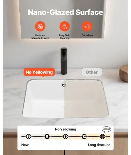 VEVOR Undermount Bathroom Sink, 400 x 305 mm Rectangular White Ceramic Vessel Sink with Overflow Hole, Under Counter Drop in Modern Lavatory Vanity Bath Wash Bowl Basin, Rectangle for Small Space