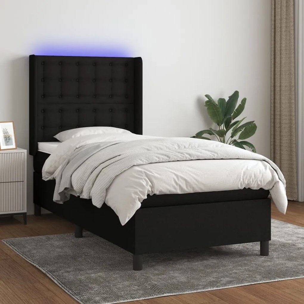 vidaXL Κρεβάτι Boxspring με Στρώμα &amp; LED Μαύρο 90x200 εκ. Υφασμάτινο