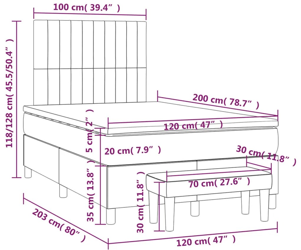 Κρεβάτι Boxspring με Στρώμα Σκούρο Γκρι 120x200 εκ. Υφασμάτινο - Γκρι