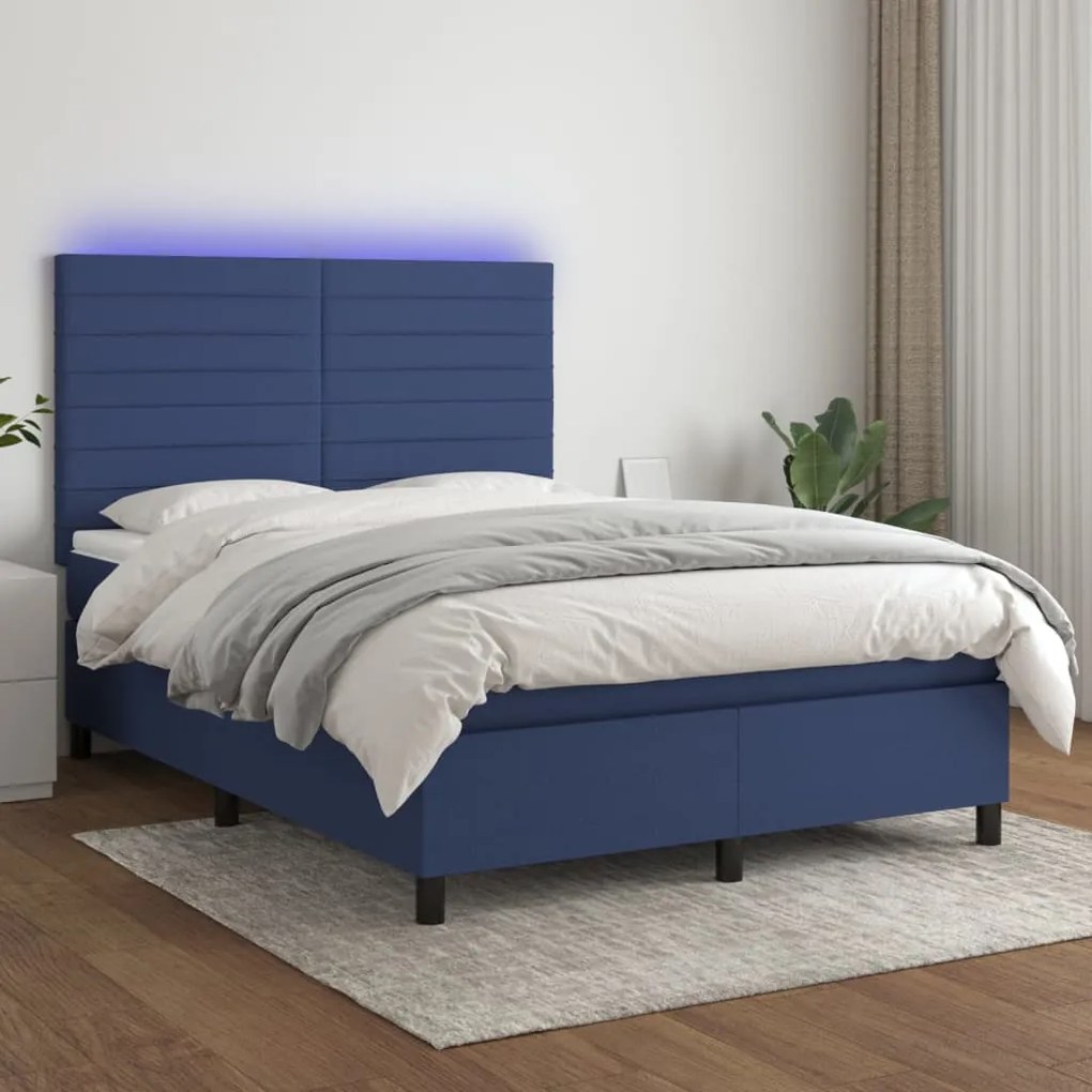 Κρεβάτι Boxspring με Στρώμα &amp; LED Μπλε 140x190 εκ. Υφασμάτινο - Μπλε