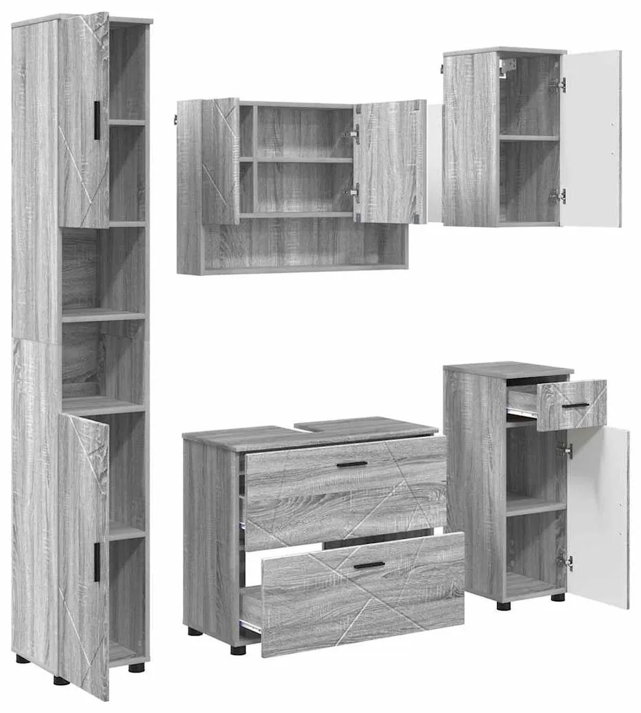 vidaXL Σετ Επίπλων Μπάνιου με ράφι 5 pcs Γκρι sonoma 30 x 35 x 192 εκ.