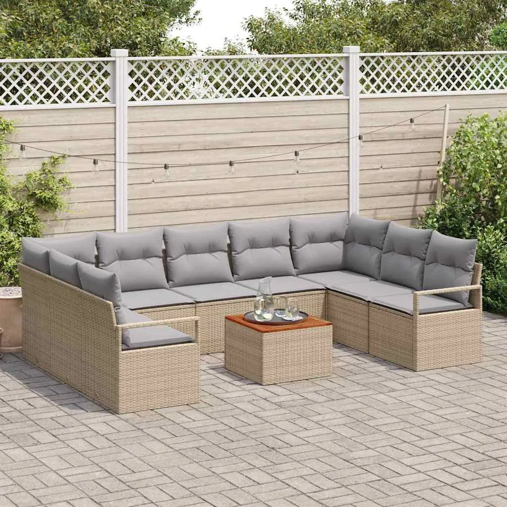 vidaXL Σετ Καναπέ Κήπου με μαξιλάρι 10 pcs Μπεζ Πολυ ράταν