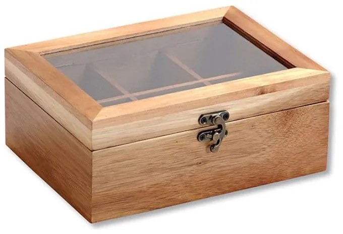 Θήκη Οργάνωσης Kesper tea box 58902, 21,7x16x9cm, Μπαμπού, 6 θήκες, Διαφανές καπάκι, Καφέ