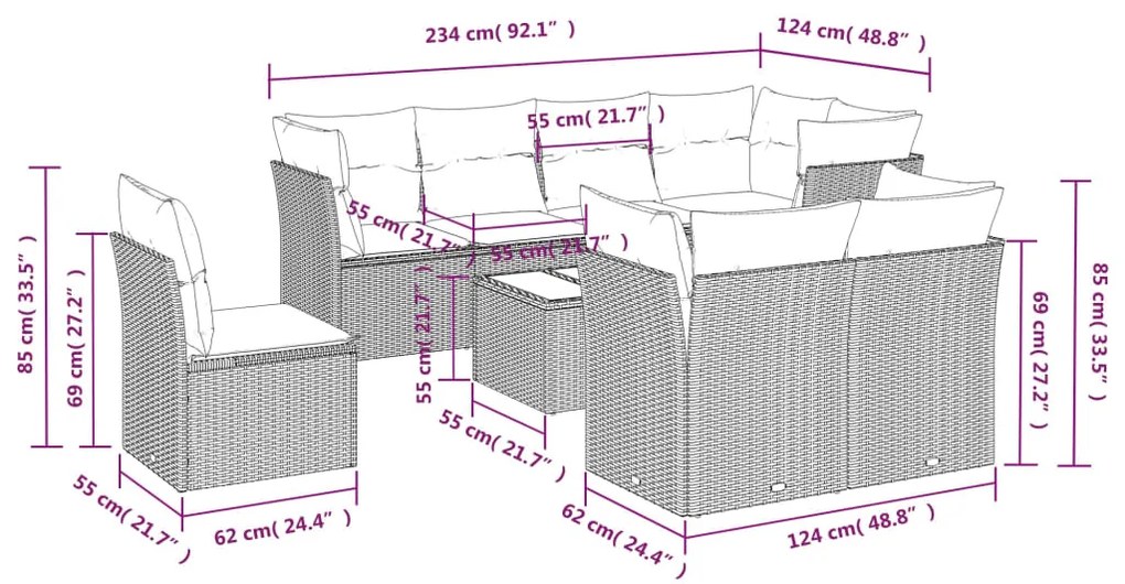 vidaXL Σαλόνι Κήπου Σετ 9 τεμ. Μπεζ Συνθετικό Ρατάν με Μαξιλάρια