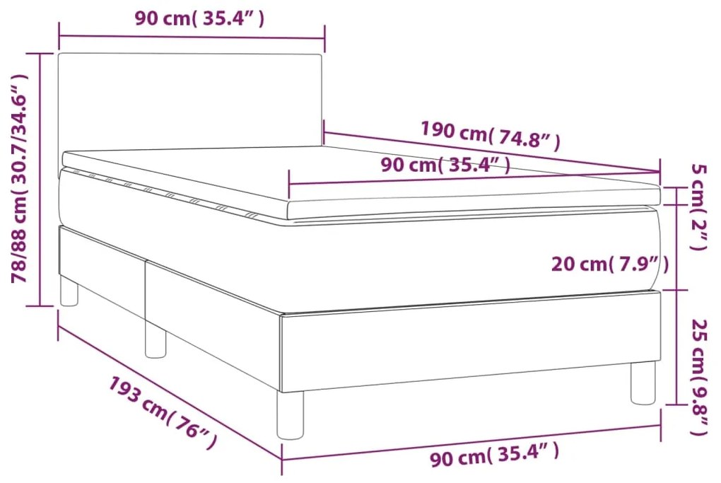 Κρεβάτι Boxspring με Στρώμα &amp; LED Αν.Γκρι 90x190 εκ. Βελούδινο - Γκρι