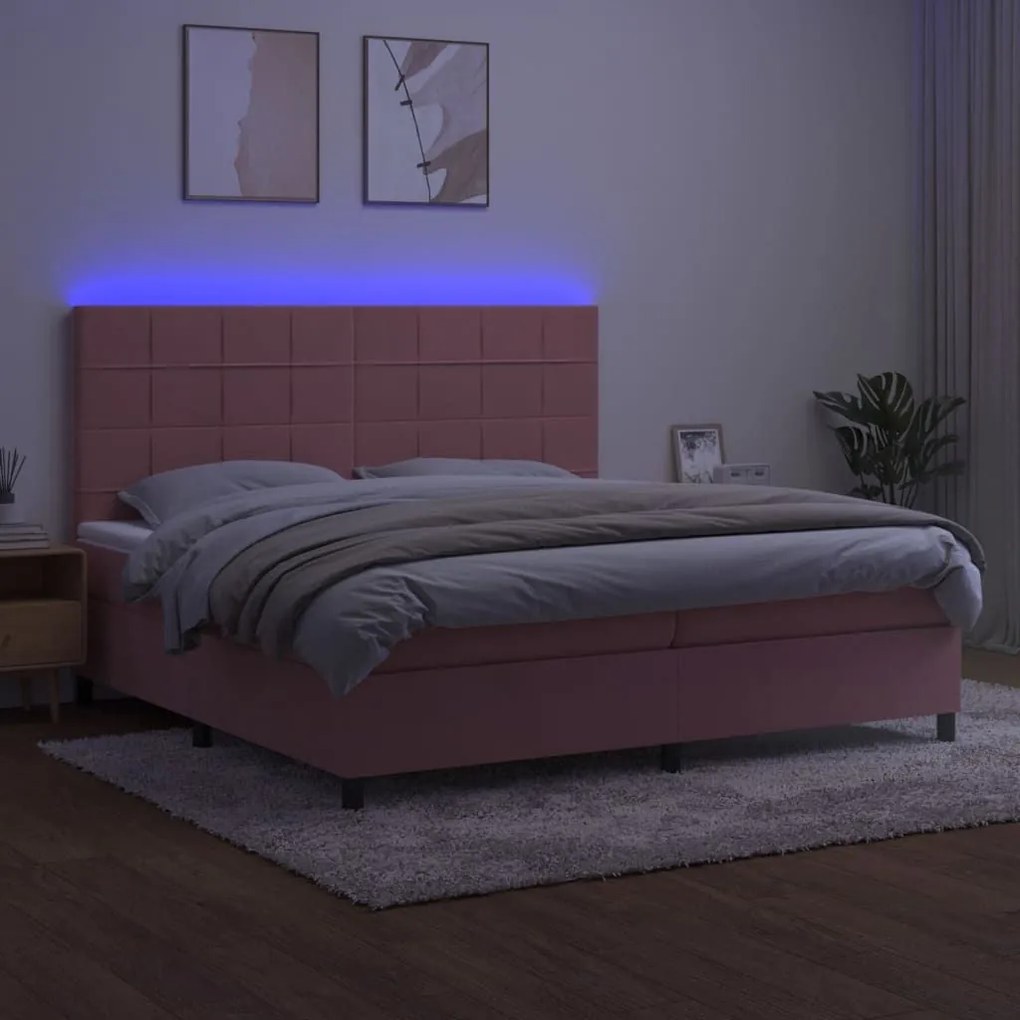 Κρεβάτι Boxspring με Στρώμα &amp; LED Ροζ 200x200 εκ. Βελούδινο - Ροζ