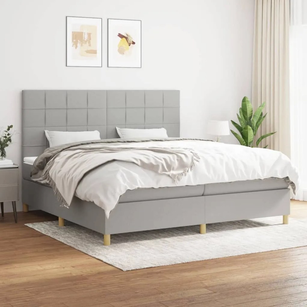 Κρεβάτι Boxspring με Στρώμα Ανοιχτό Γκρι 200x200 εκ. Υφασμάτινο