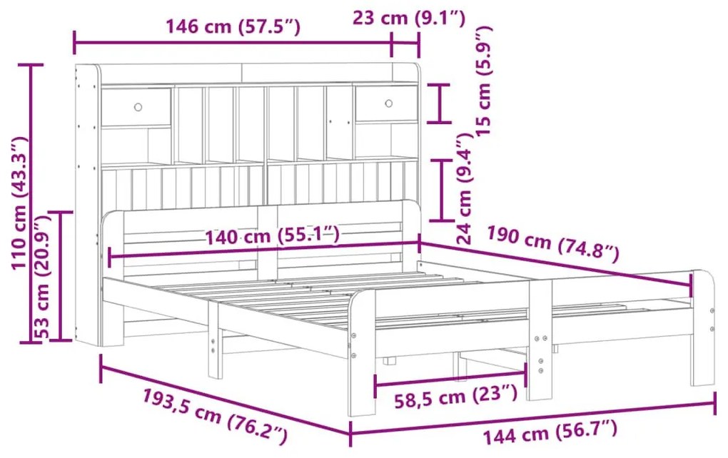 Κρεβάτι Βιβλιοθήκη Χωρίς Στρώμα 140x190 εκ Μασίφ Ξύλο Πεύκου - Καφέ