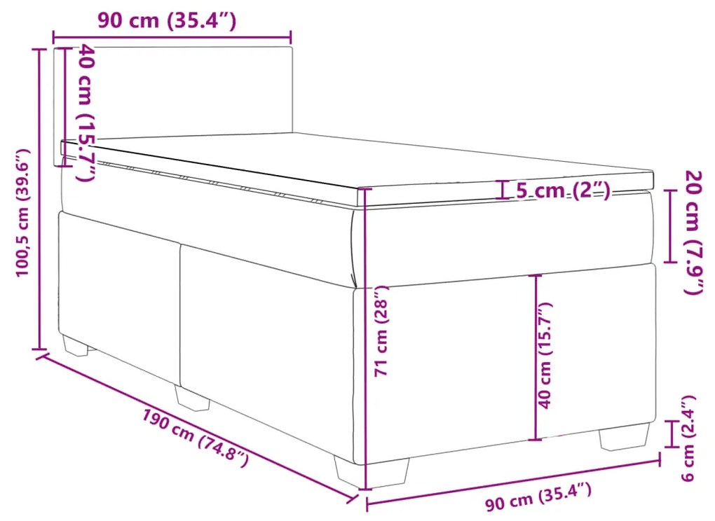 Κρεβάτι Boxspring με Στρώμα Σκούρο Γκρι 90x190 εκ. Βελούδινο - Γκρι