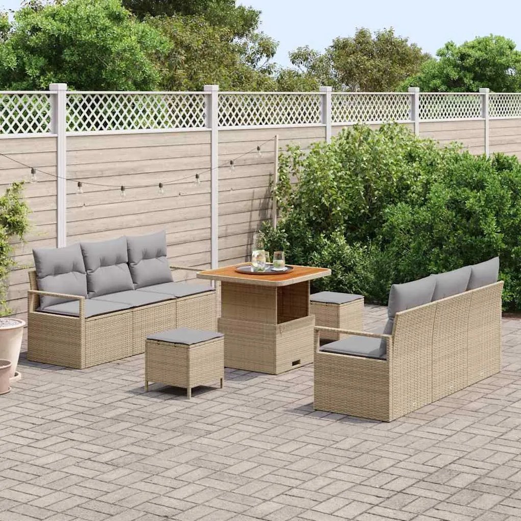 vidaXL Set κήπου  με 9 κομμάτια και μαξιλάρια σε μπεζ πολυ-ρατάν και ξύλο ακακίας.