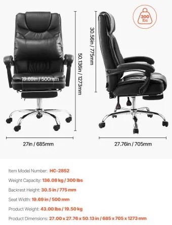 VEVOR Executive Chair High Back Office Chair with Footrest Lumbar Pillow Black