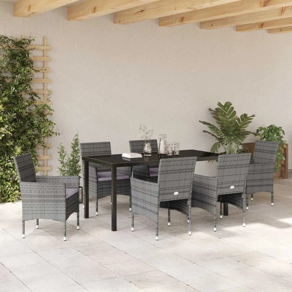 vidaXL Σέτ φαγητού για κήπο με μαξιλάρι 7 pcs Γκρι Πολυ ράταν