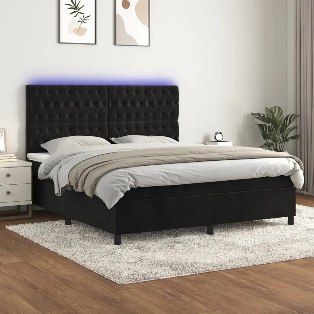 Κρεβάτι Boxspring με Στρώμα &amp; LED Μαύρο 160x200 εκ. Βελούδινο - Μαύρο