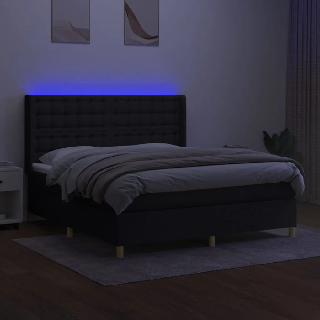 vidaXL Κρεβάτι Boxspring με Στρώμα & LED Μαύρο 180x200 εκ. Υφασμάτινο