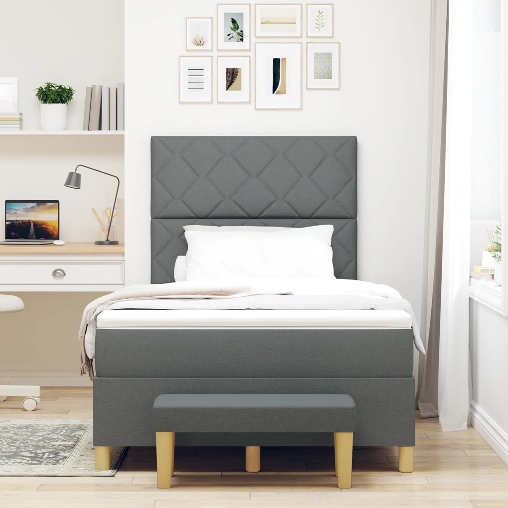 vidaXL κρεβάτι Box Spring με στρώμα & παγκάκι Σκούρο Γκρι 120x190 εκ Ύφασμα