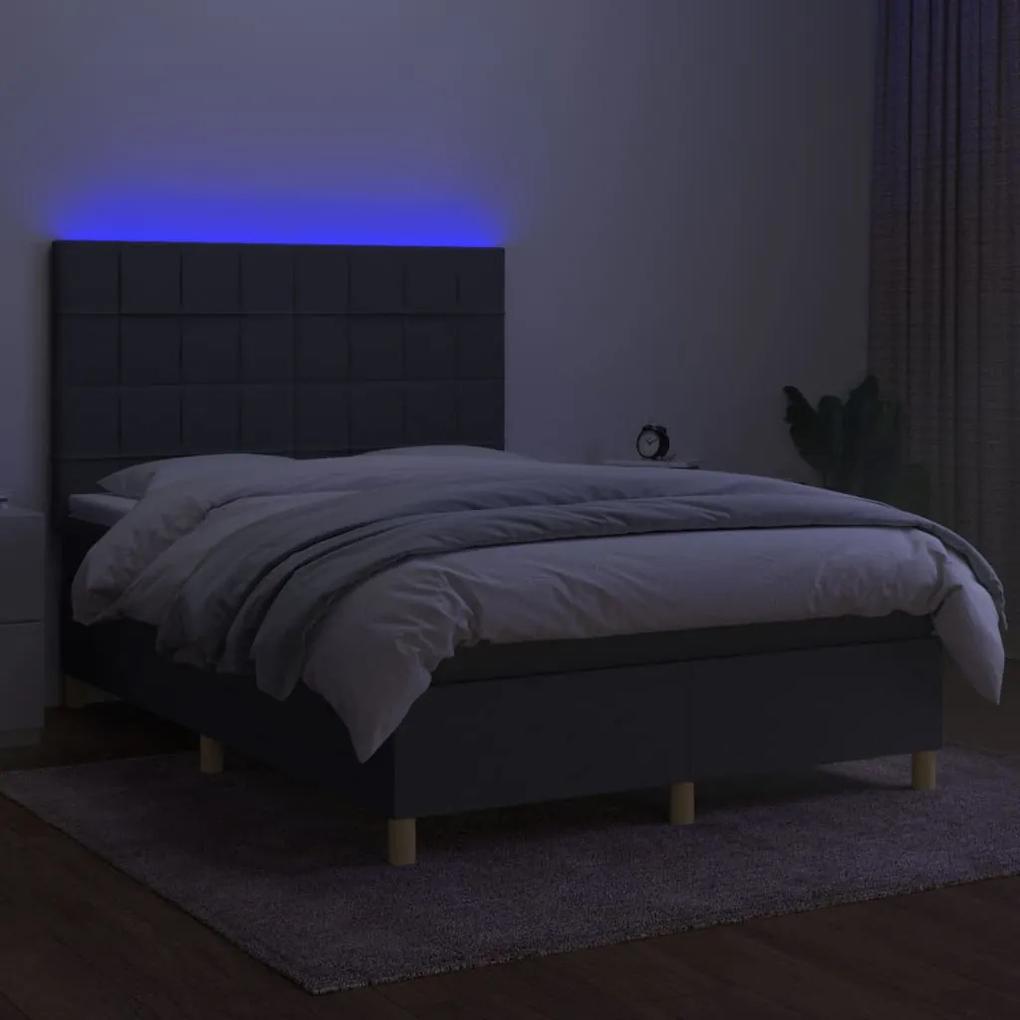 vidaXL Κρεβάτι Boxspring με Στρώμα & LED Σκ.Γκρι 140x190εκ. Υφασμάτινο