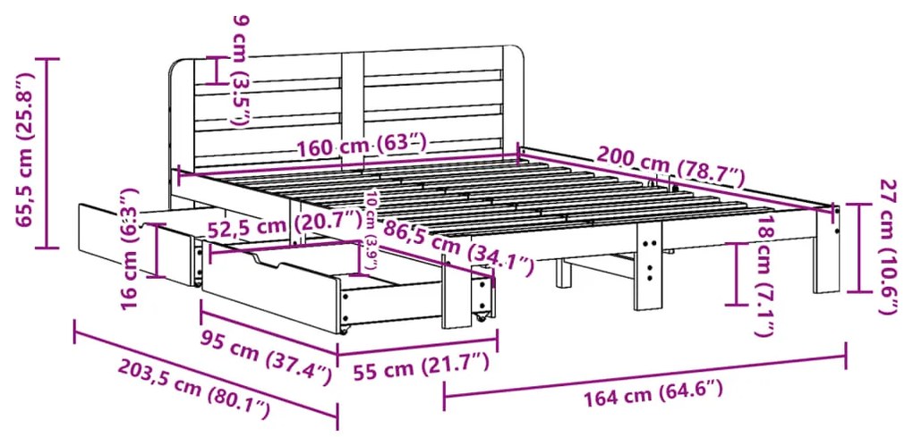 Σκελετός Κρεβατιού Χωρίς Στρώμα 160x200 εκ Μασίφ Ξύλο Πεύκου - Καφέ