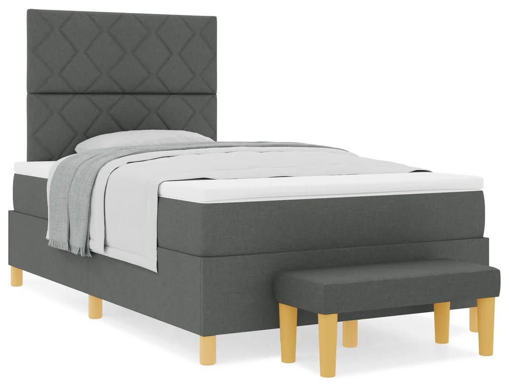 vidaXL κρεβάτι Box Spring με στρώμα & παγκάκι Σκούρο Γκρι 120x190 εκ Ύφασμα