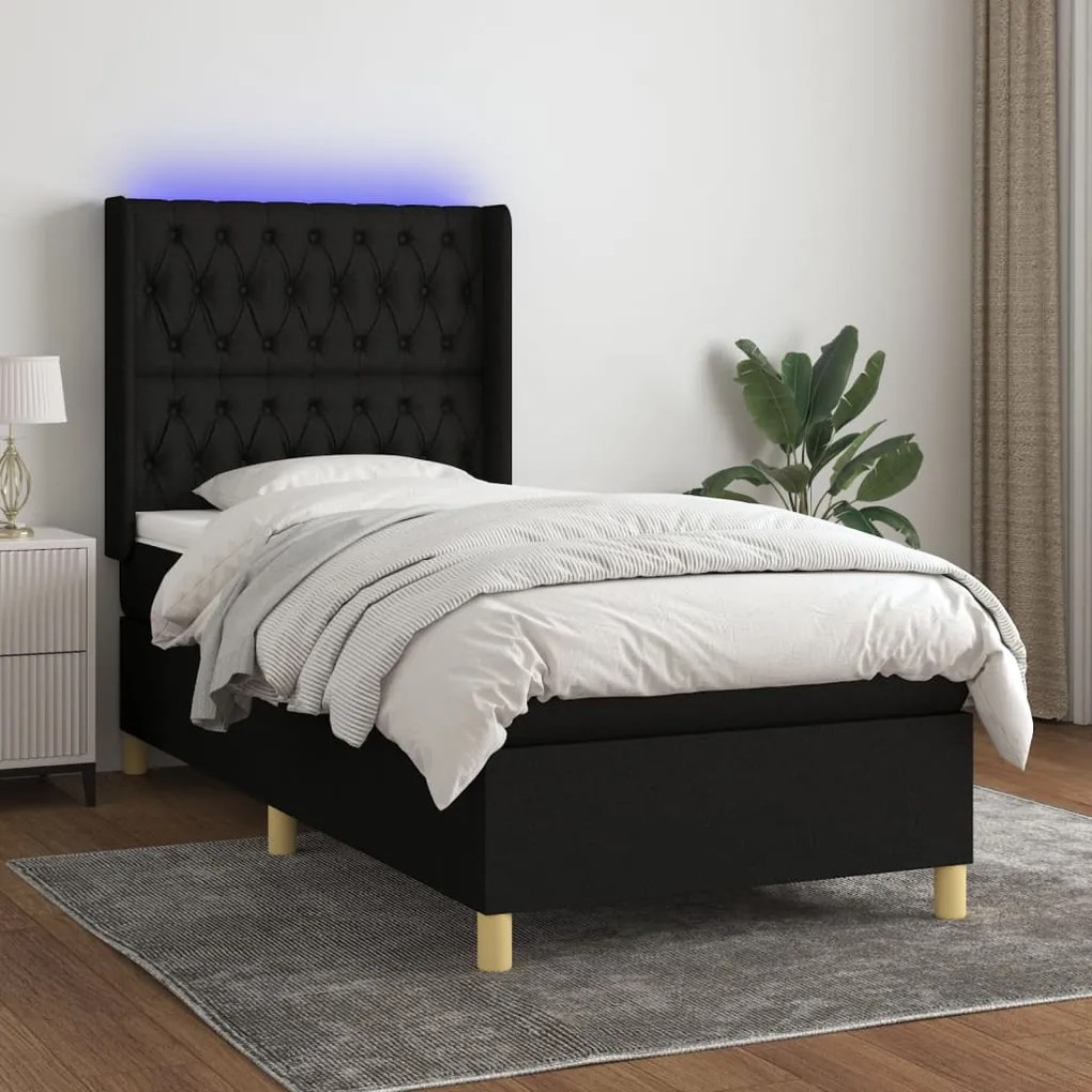 vidaXL Κρεβάτι Boxspring με Στρώμα & LED Μαύρο 90x200 εκ. Υφασμάτινο