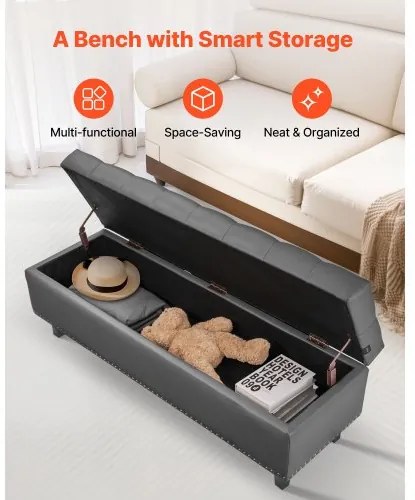 VEVOR Button-Tufted Storage Ottoman Bench PU Leather Bench with Wood Legs Gray