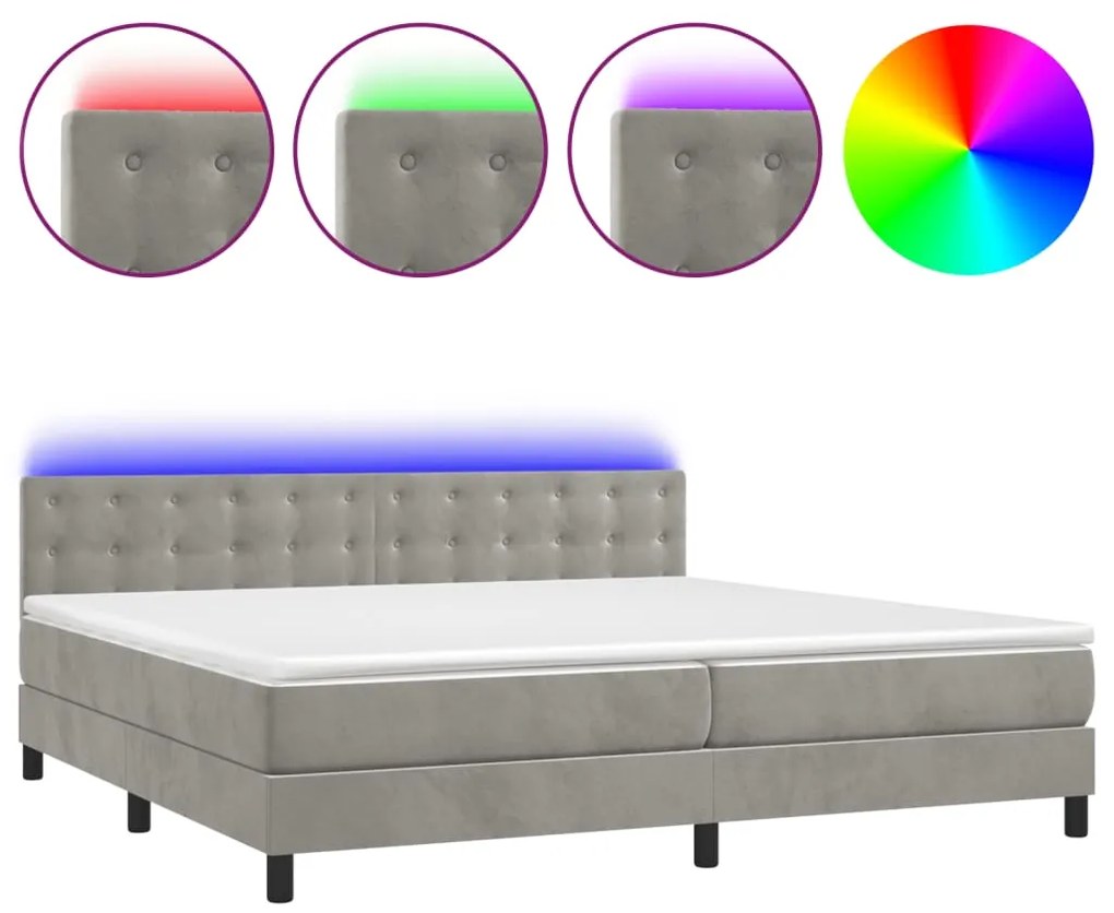 vidaXL Κρεβάτι Boxspring με Στρώμα & LED Αν.Γκρι 200x200 εκ. Βελούδινο