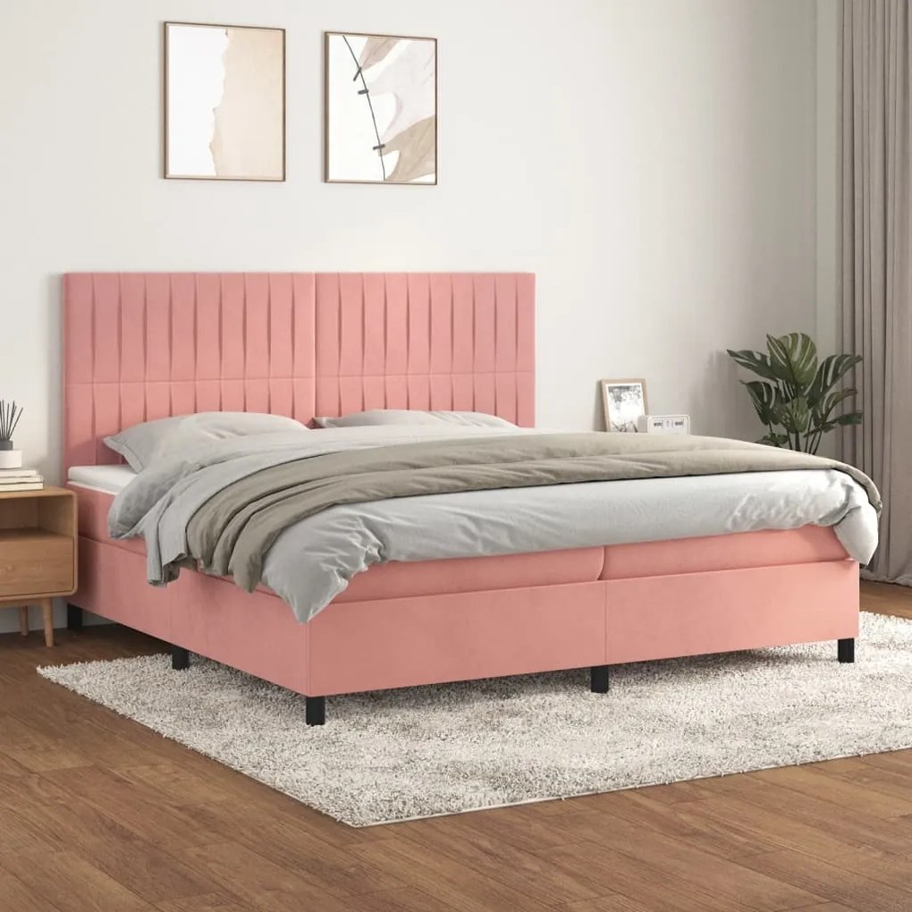 vidaXL Κρεβάτι Boxspring με Στρώμα Ροζ 200x200 εκ. Βελούδινο