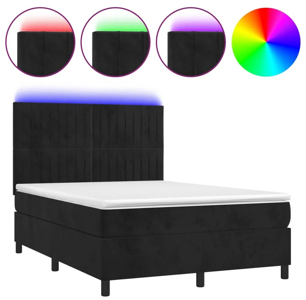 vidaXL Κρεβάτι Boxspring με Στρώμα & LED Μαύρο 140x190 εκ. Βελούδινο