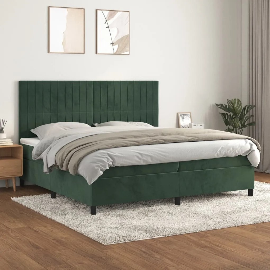 vidaXL Κρεβάτι Boxspring με Στρώμα Σκούρο Πράσινο 200x200εκ. Βελούδινο