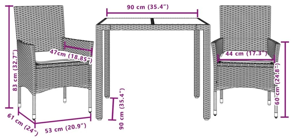 vidaXL Σετ Τραπεζαρίας Κήπου 3 τεμ. Γκρι Συνθ.Ρατάν/Γυαλί με Μαξιλάρια