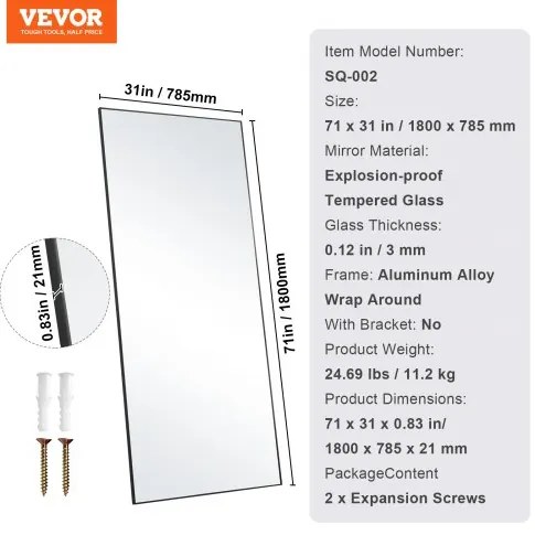 VEVOR Full Length Floor Mirror 71&#039;&#039; x 31&#039;&#039; Free Standing Wall Mounted Tempered
