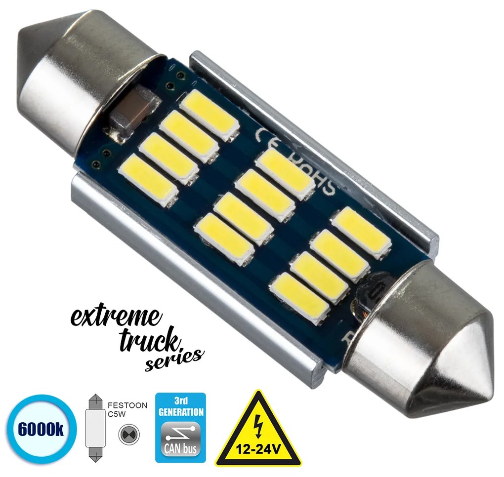 GloboStar® 81330 Λάμπα Αυτοκινήτου &amp; Φορτηγού 39mm FESTOON - C5W 3rd Generation Can-Bus Extreme Truck Series LED 12 SMD 4014 3.6W 540lm 120° DC 12-24V IP20 Ψυχρό Λευκό 6000K