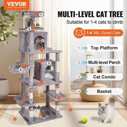 VEVOR Cat Tree 68.5&quot; Cat Tower with Cat Condos Sisal Scratching Post Light Grey