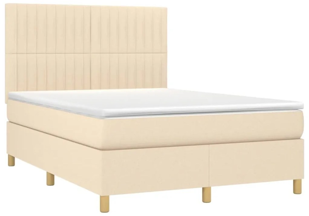 Κρεβάτι Boxspring με Στρώμα &amp; LED Κρεμ 140x200 εκ. Υφασμάτινο - Κρεμ