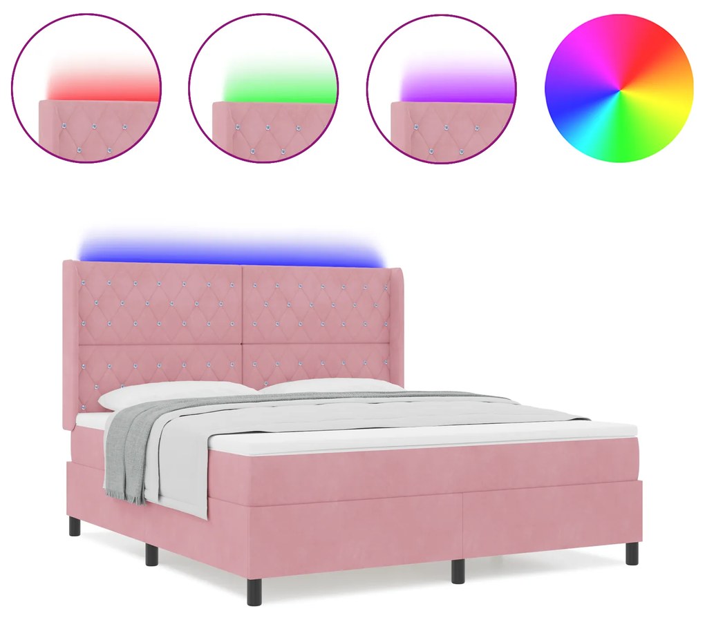 vidaXL Κρεβάτι Box Spring με Στρώμα & LED Ροζ 180x200 εκ. Βελούδο