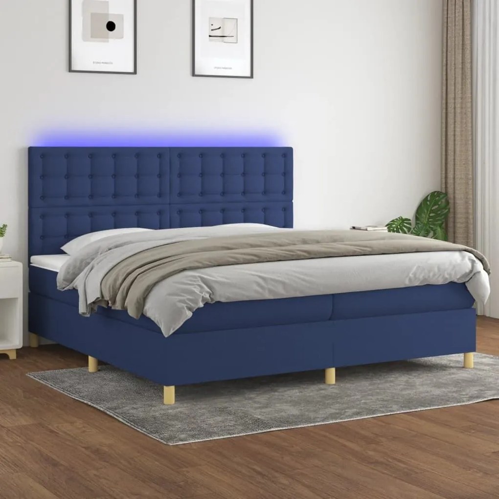 Κρεβάτι Boxspring με Στρώμα &amp; LED Μπλε 200x200 εκ. Υφασμάτινο - Μπλε