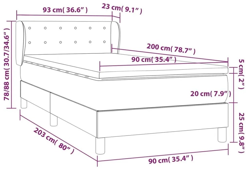 Κρεβάτι Boxspring με Στρώμα Ανοιχτό Γκρι 90x200 εκ. Βελούδινο - Γκρι