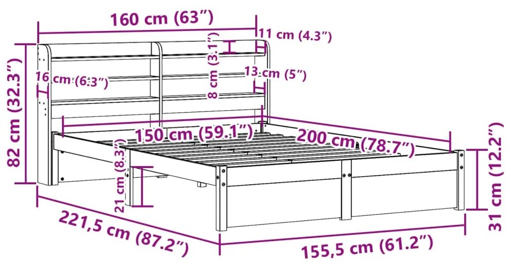 Πλαίσιο Κρεβατιού Κεφαλάρι Λευκό 150x200εκ Μασίφ Πεύκο - Λευκό